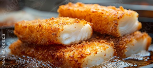 Perfectly crispy breaded fish fillets sizzling in the deep fryer, flaky interior perfection