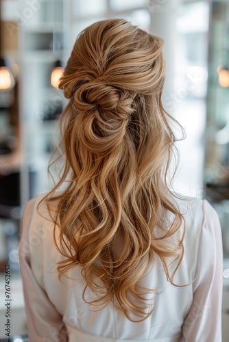 Wedding hairstyle. Blonde woman with long curly hair.