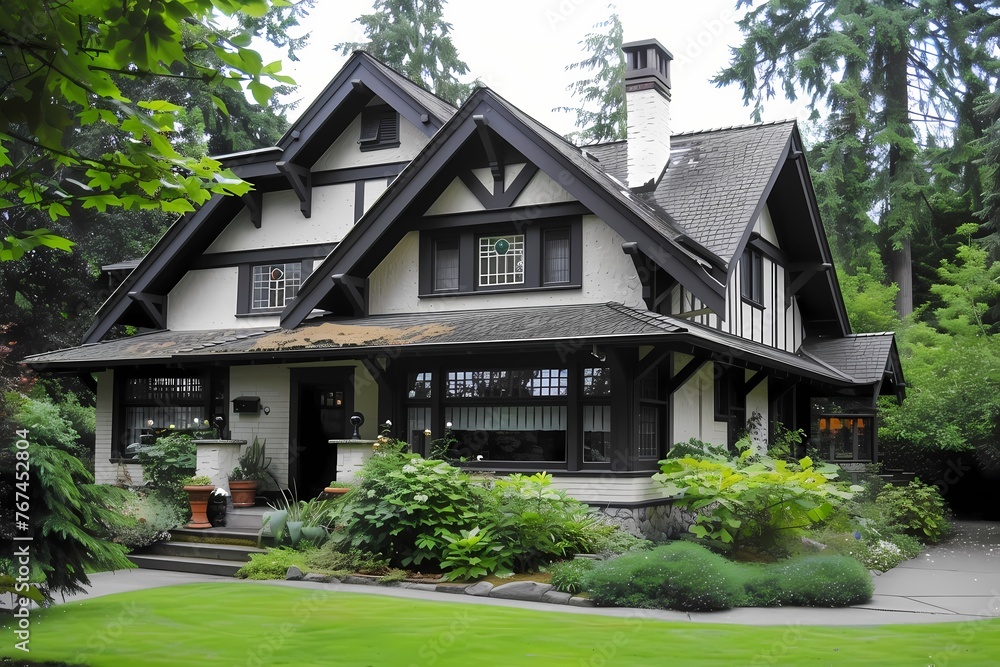 A charming craftsman-style house exterior in creamy off-white, accented by dark wooden trimmings.