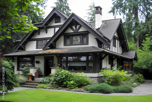 A charming craftsman-style house exterior in creamy off-white, accented by dark wooden trimmings. © pick pix