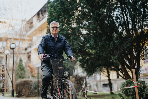 A mature man with glasses riding a bicycle in an urban park with trees and buildings in the background, depicting an active lifestyle and fitness in older age.
