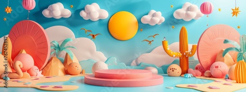 Summer podium background 3D product display beach cosmetic scene sale. Background summer podium sea stand stage beauty sky platform shop water placement theme ad template mockup travel blue banner. photo