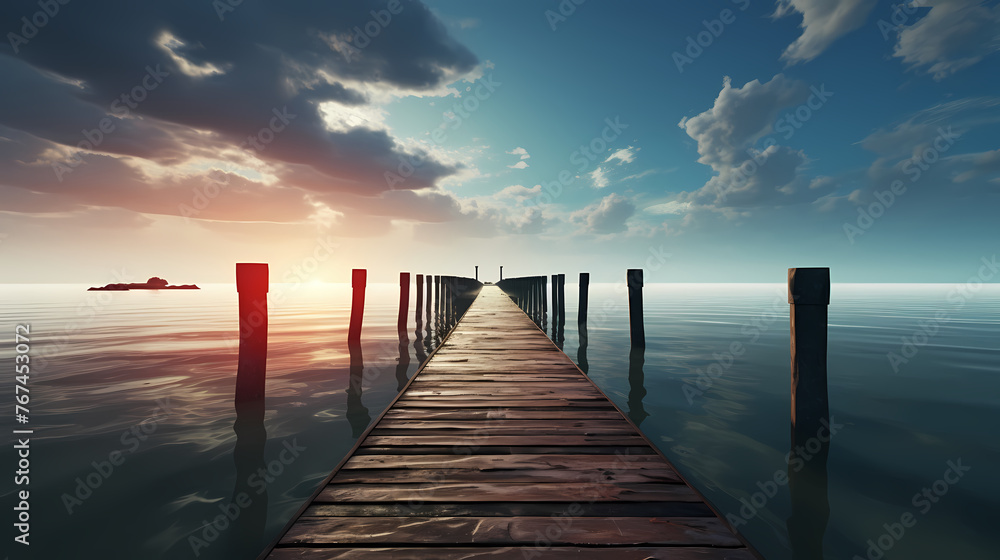 Obraz premium Mid shot of minimalist pier extending into lake