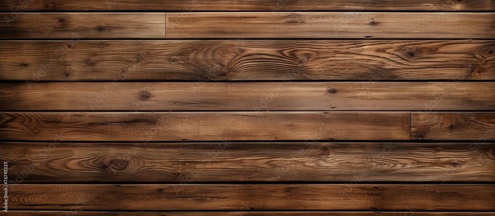 Fototapeta premium Close up of a brown hardwood plank wall with a blurred background, showcasing the intricate wood stain pattern of the lumber flooring
