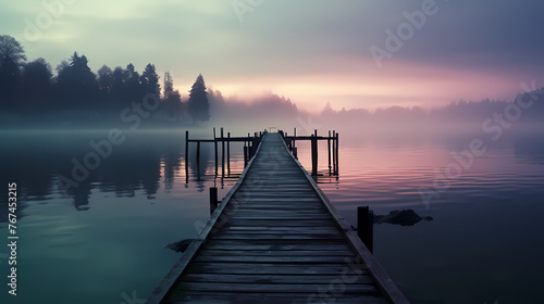 Mid shot of minimalist pier extending into lake