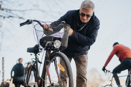 A focused elderly man securing the basket on his bike while enjoying outdoor activities in a city park, exemplifying an active lifestyle.