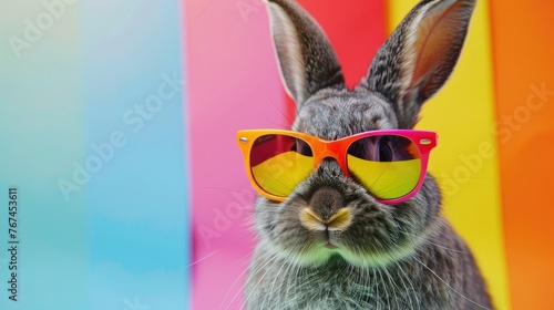 Cool easter bunny, rabbit with colorful sunglasses, isolated on a colorful background