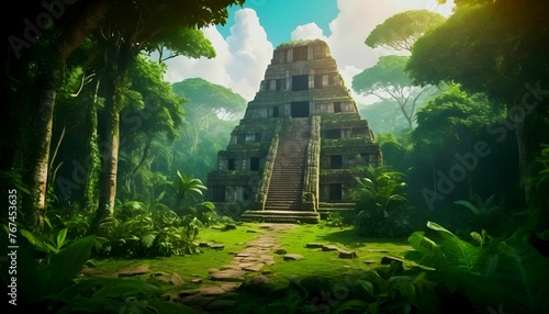 A lush Amazonian jungle clearing with stone Mayan temple ruins. Fantasy forest landscape with green trees and bushes created with generative ai