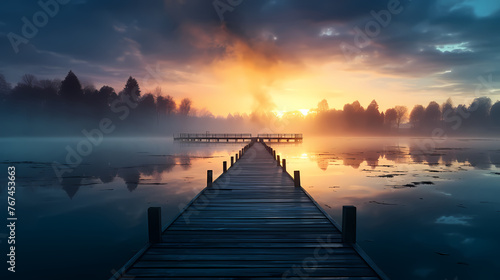 Mid shot of minimalist pier extending into lake