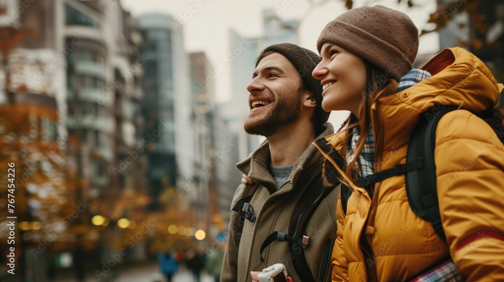 Fototapeta premium Urban Exploration: Joyful Couple in Autumnal City
