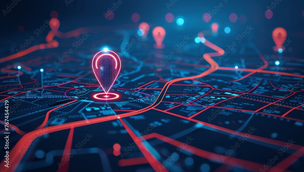 A digital map with pins representing different locations, indicating ...