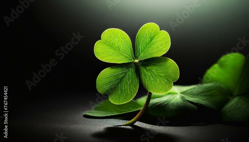 a captivating composition featuring a four-leaf clover against a sleek black background, symbolizing good luck and prosperity. Utilize bold, minimalist lines to convey the clover's shape and texture, 