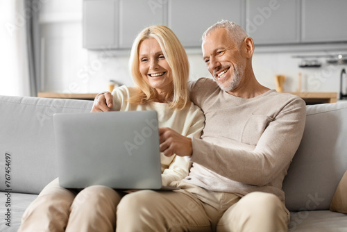 Senior couple with laptop smiling and bonding photo