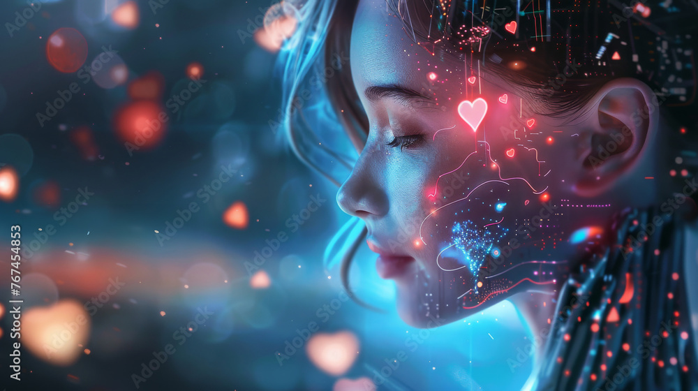 Intimate portrait of android with heart-shaped illuminations. Love and artificial intelligence merged in digital art. The essence of emotions captured in a futuristic android's face. Intimate portrait of android with heart-shaped illuminations. Love and artificial intelligence merged in digital art. The essence of emotions captured in a futuristic android's face.