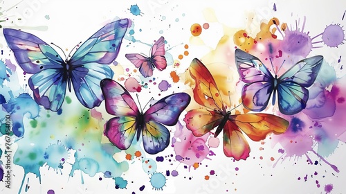 Watercolor painted butterflies in a splash of vibrant hues for decor inspiration. Artistic rendition of colorful butterflies amidst abstract watercolor splatters for creative design © Irina.Pl