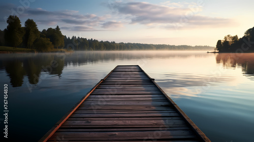 Mid shot of minimalist pier extending into lake