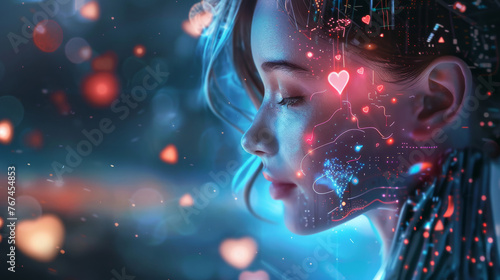 Intimate portrait of android with heart-shaped illuminations. Love and artificial intelligence merged in digital art. The essence of emotions captured in a futuristic android's face.