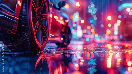 Close-up of a car tire on a wet street reflecting neon city lights at night. Vibrant neon lights reflecting on city road after rain. Modern urban scene with colorful night lights on wet pavement.