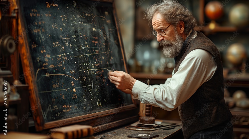 Elderly physicist engrossed in complex theoretical calculations on a blackboard, with antique books and scientific papers scattered around, embodying timeless knowledge Elderly physicist engrossed in complex theoretical calculations on a blackboard, with antique books and scientific papers scattered around, embodying timeless knowledge