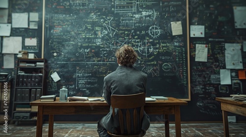 Elderly physicist engrossed in complex theoretical calculations on a blackboard, with antique books and scientific papers scattered around, embodying timeless knowledge