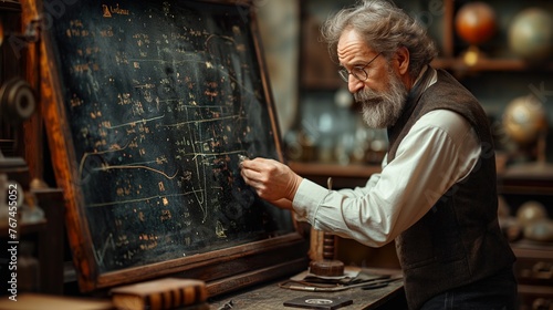 Elderly physicist engrossed in complex theoretical calculations on a blackboard, with antique books and scientific papers scattered around, embodying timeless knowledge