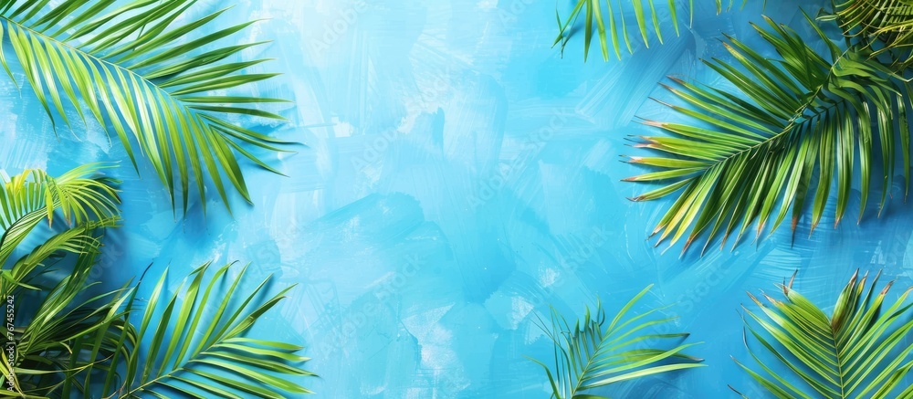 Tropical palm leaves on a blue backdrop with empty space for text, ideal for a travel agency's top view banner. Tropical palm leaves on a blue backdrop with empty space for text, ideal for a travel agency's top view banner.