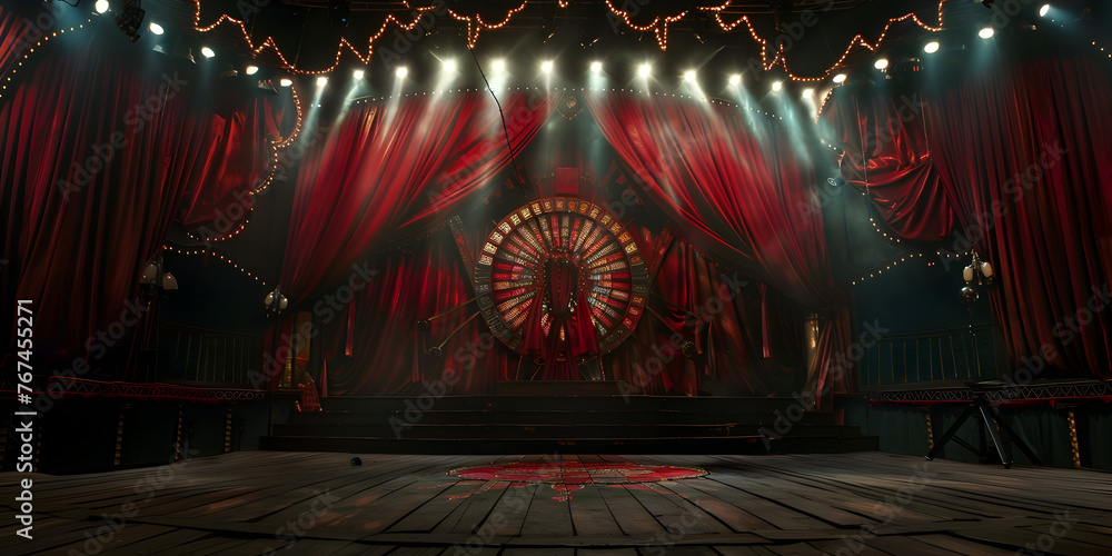 Theater stage with red curtains and spotlights, Elegant classic theater ready to start the show. - obrazy, fototapety, plakaty 