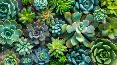  a bunch of different kinds of succulents in a group on a black surface with one plant in the middle of the picture. photo