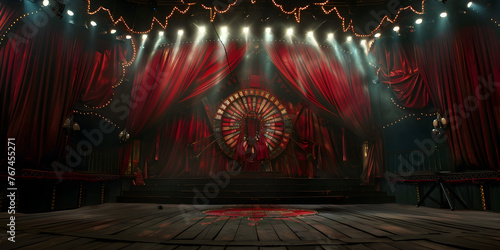 Theater stage with red curtains and spotlights, Elegant classic theater ready to start the show.