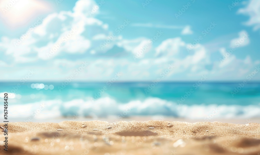 Fototapeta premium Abstract blur defocused background. Tropical summer beach with golden sand, turquoise ocean and blue sky with white clouds on bright sunny day. Colorful landscape for summer holidays
