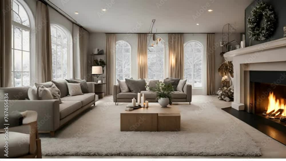 modern living room with fireplace, long sofa and view of window modern living room with fireplace, long sofa and view of window