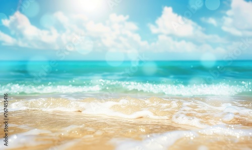 Abstract blur defocused background. Tropical summer beach with golden sand  turquoise ocean and blue sky with white clouds on bright sunny day. Colorful landscape for summer holidays