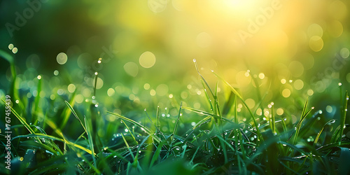 Close-Up of Dewy Grass Juicy lush green grass on meadow with drops of water dew in morning.