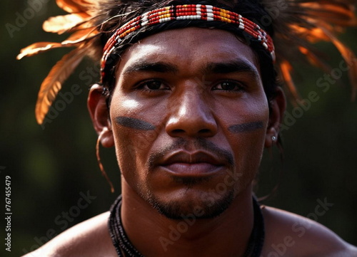 An aboriginal native of a tribe. A representative of an ancient native civilization. Portrait of a dark-skinned man in a national cultural image from the past. The cultural heritage of the ancestors.