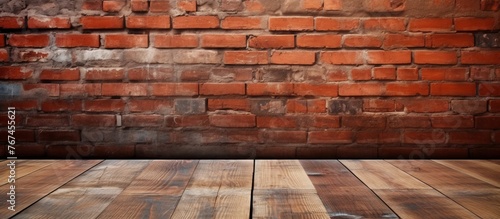 A brown wooden floor lies in front of a rectangular brick wall  showcasing the beautiful contrast between the natural building materials of wood and brickwork