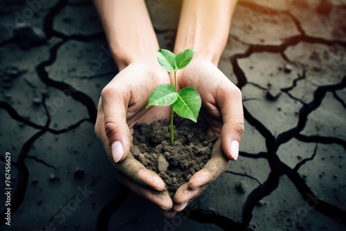 Human hands carefully holding a small green plant in soil against a backdrop of cracked, dry earth, symbolizing hope and renewal. Hands Nurturing Plant on Barren Cracked Land