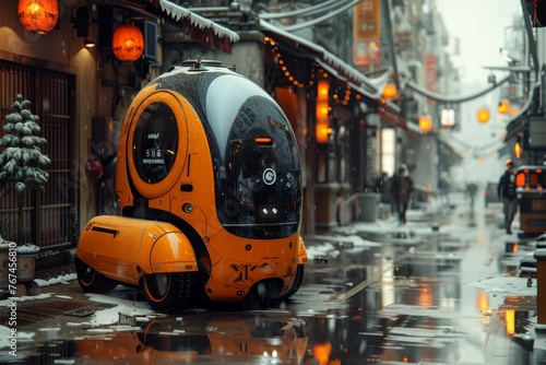 Futuristic robot courier traversing city roads for unmanned deliveries. photo
