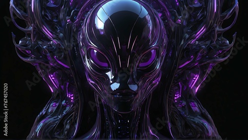 A dazzlingly intricate digitalized glam-goth alien artifact, every pixel bursts with mystery and allure sleek neon-glowing filigree designs in metallic purples and blacks, shimmering yet ominous holog