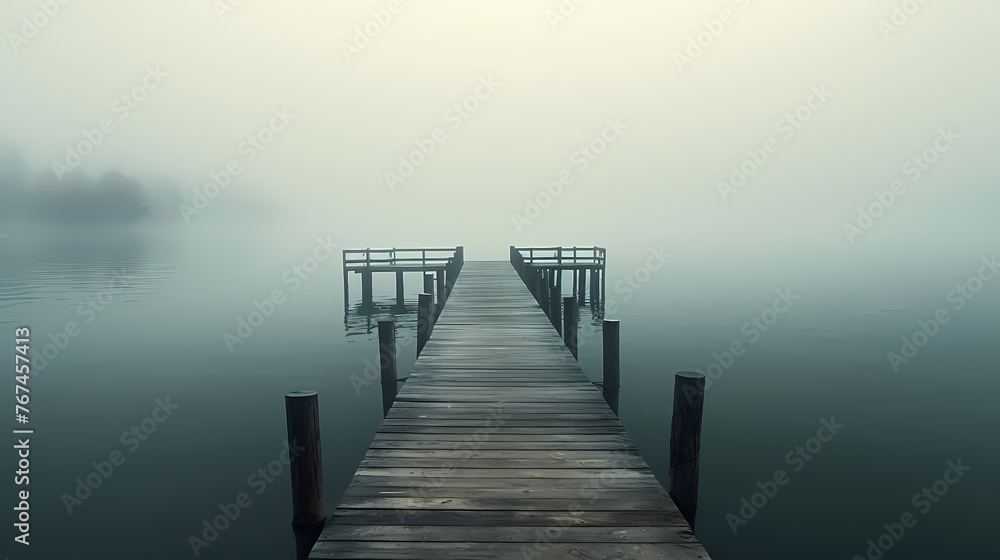 Mid shot of minimalist pier extending into lake Mid shot of minimalist pier extending into lake