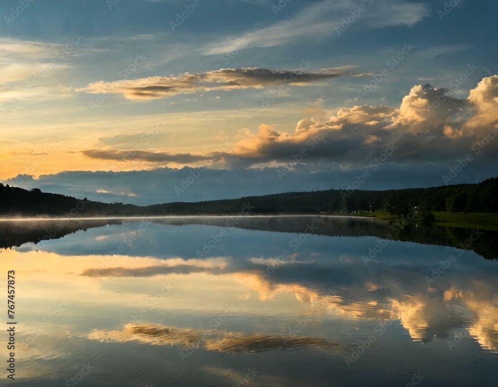 美しい夜空と明け方の雲を反射する水面湖