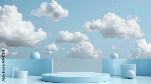 A 3D rendered podium in sky blue, adorned with clouds, offers a mockup for spring or summer-themed product presentations © Orxan