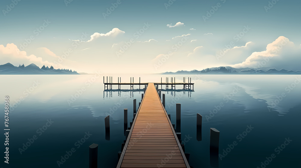 Wooden pier on the lake at dawn