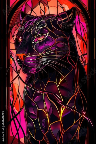 A black cat sitting in front of a stained glass window