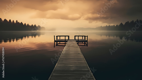 Wooden pier on the lake at dawn