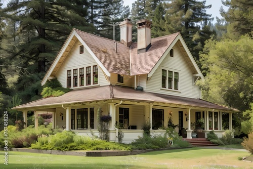 A charming craftsman house painted in a soft cream color, standing against a backdrop of tall oak trees.