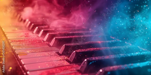 Abstract colorful piano keyboard dust background for World Music Day event banner with musical instruments design. Concept World Music Day, Colorful Piano Keyboard, Abstract Dust Background photo