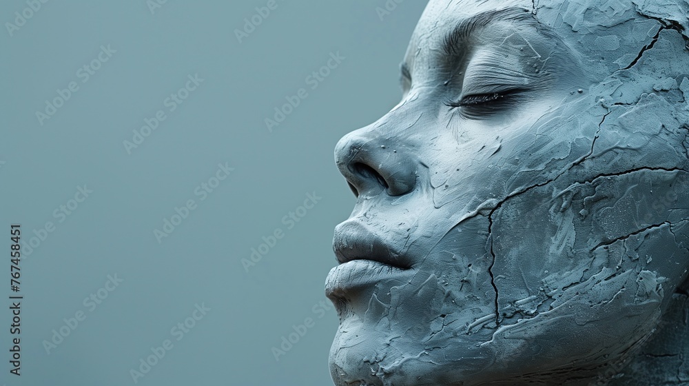 Inner Strength: Side-On Portrait of Woman's Head Sculpted from Blue Stone, Eyes Closed, Space for Copy Text, Mental Health Concept