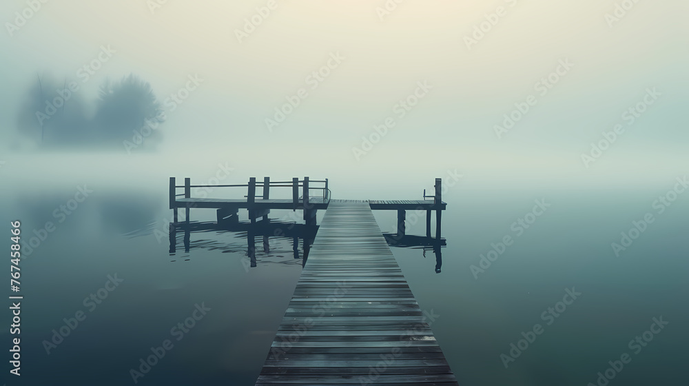 Naklejka premium Wooden pier on the lake at dawn