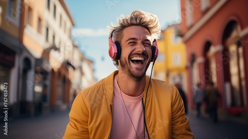 A young man wearing headphones is smiling , with the city in soft focus behind him. He's dressed casually and has short blonde hair, adding to its authenticity.  photo