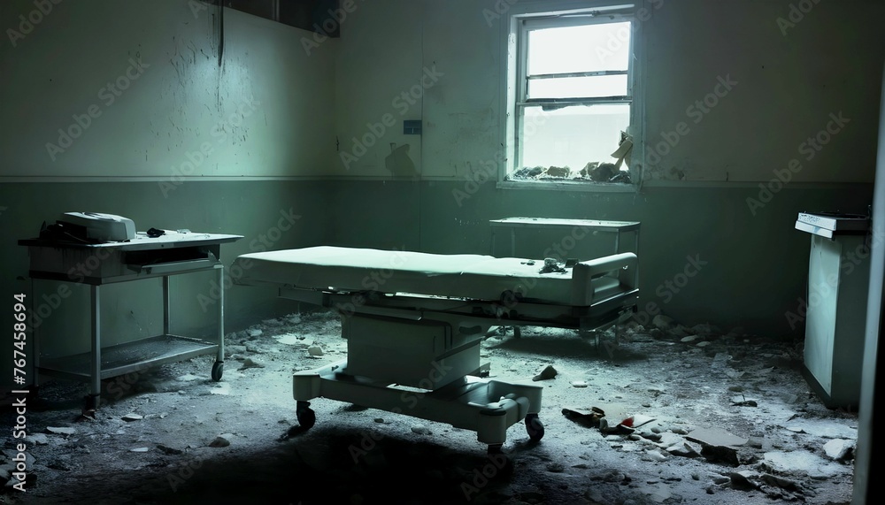 Dim light shining in a ghostly old hospital interior room with ...